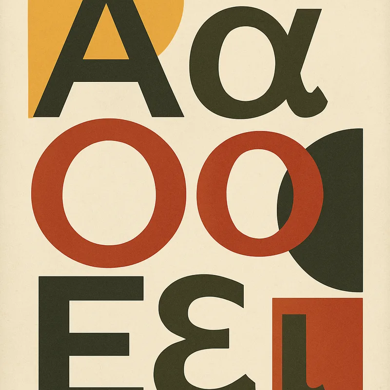 Cover of the first block of the course: the Greek letters Α α, Ο ο, Ε ε and ι