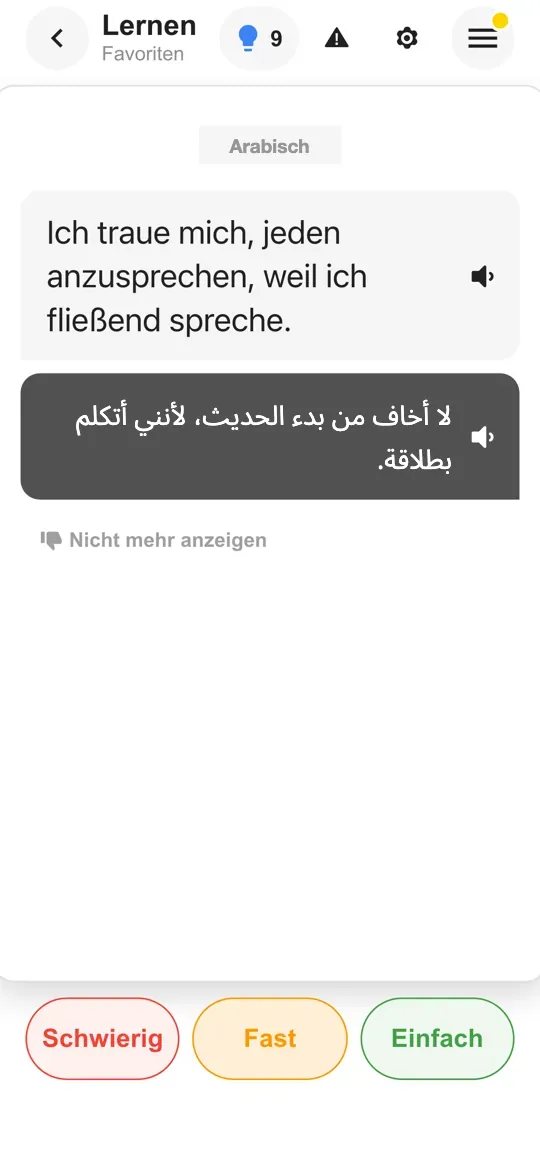 Die Taalhammer-App: eine Karteikarte mit Satz und aufgedeckter Antwort