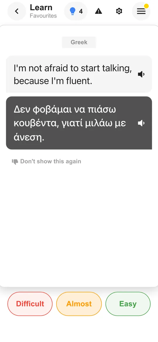 The Taalhammer app: a flashcard with a sentence and its answer revealed
