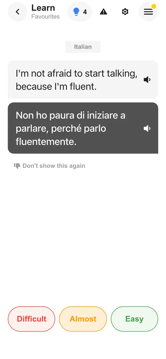 The Taalhammer app: a flashcard with a sentence and its answer revealed