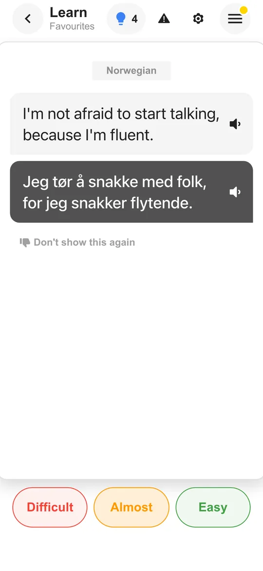The Taalhammer app: a flashcard with a sentence and its answer revealed