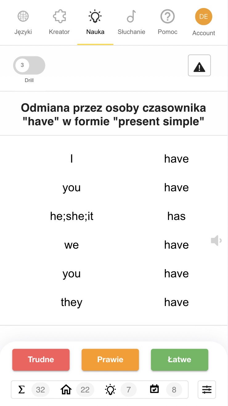 Aplikacja Taalhammer - widok Boarda z komentarzem gramatycznym w trybie nauki