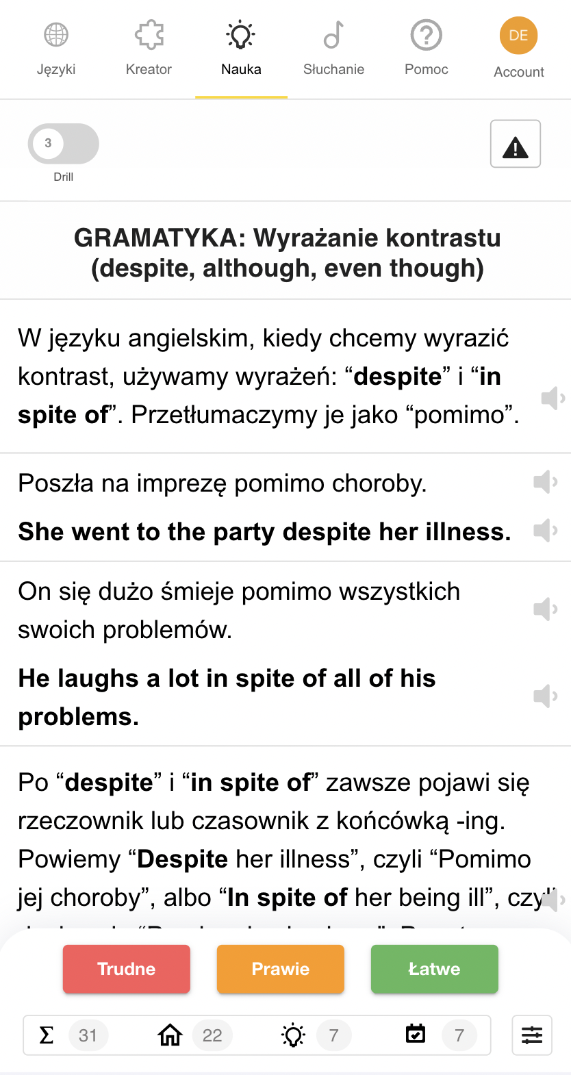 Aplikacja Taalhammer - widok Boarda ze zdaniami w trybie nauki