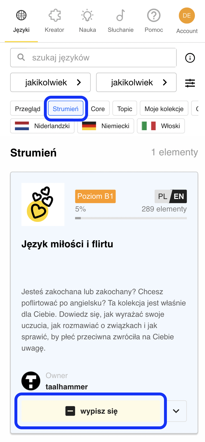 Aplikacja Taalhammer - widok zapisywania się do kolekcji