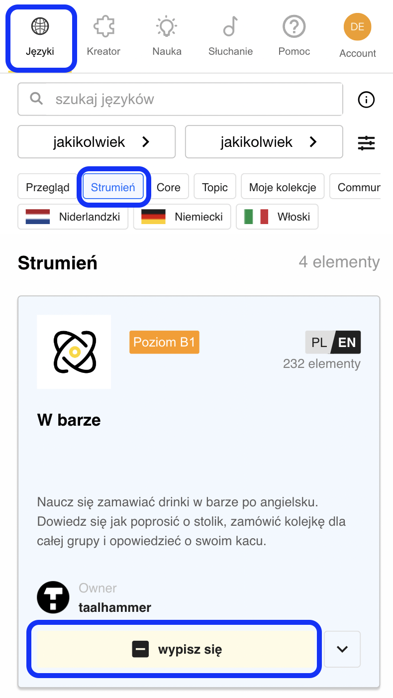 Aplikacja Taalhammer - widok wyboru kolekcji - podkreślone przyciski 