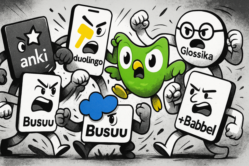 icons representing langauge learning apps fighting