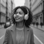 Black and white photo of a young woman walking through a city street wearing over-ear headphones, smiling slightly, dressed in a light coat and sweater, with blurred pedestrians and buildings in the background.
