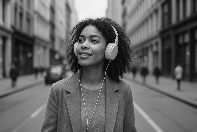 Black and white photo of a young woman walking through a city street wearing over-ear headphones, smiling slightly, dressed in a light coat and sweater, with blurred pedestrians and buildings in the background.