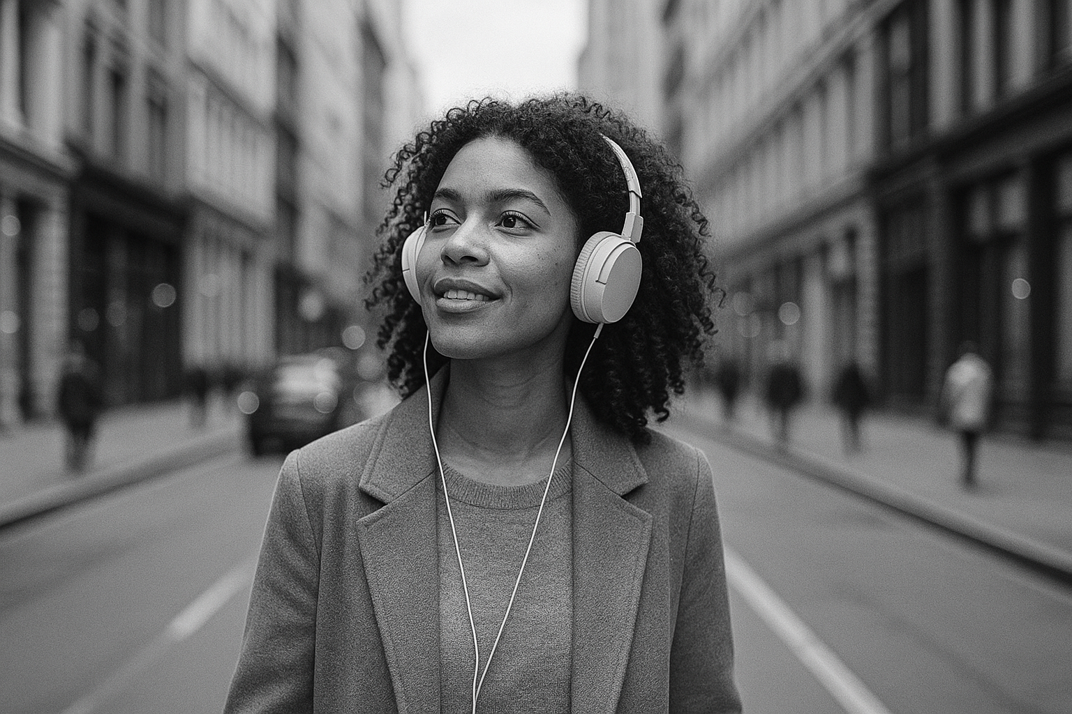 Black and white photo of a young woman walking through a city street wearing over-ear headphones, smiling slightly, dressed in a light coat and sweater, with blurred pedestrians and buildings in the background.