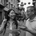 A language learner asks for directions in Chinatown — using the script they’ve studied with the help of language learning app, not just reading signs passively.