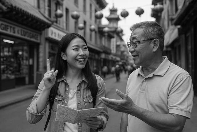 A language learner asks for directions in Chinatown — using the script they’ve studied with the help of language learning app, not just reading signs passively.