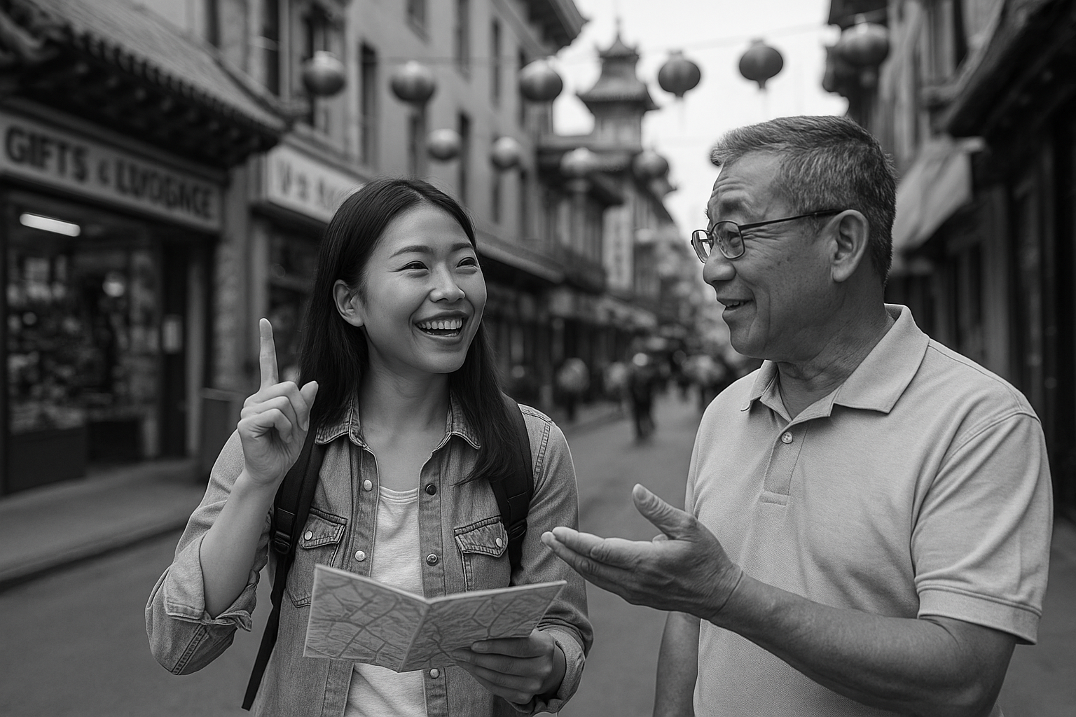 A language learner asks for directions in Chinatown — using the script they’ve studied with the help of language learning app, not just reading signs passively.