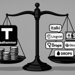 Black and white illustration of stacked coins and labeled language learning apps — Taalhammer, Italki, Glossika, Lingvist, LingQ, and Drops — symbolizing different costs and value in language learning.