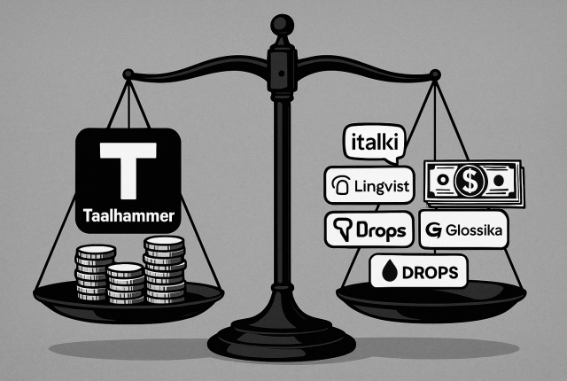 Black and white illustration of stacked coins and labeled language learning apps — Taalhammer, Italki, Glossika, Lingvist, LingQ, and Drops — symbolizing different costs and value in language learning.
