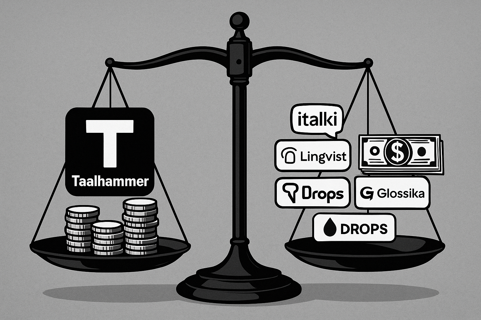 Black and white illustration of stacked coins and labeled language learning apps — Taalhammer, Italki, Glossika, Lingvist, LingQ, and Drops — symbolizing different costs and value in language learning.