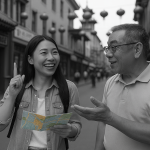 A black-and-white street photo showing a young East Asian woman and an older East Asian man happily conversing in Chinatown. The only color in the image is the bright, detailed map she holds — highlighting their discussion and sense of direction amid a muted urban backdrop with lanterns overhead.