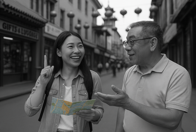 A black-and-white street photo showing a young East Asian woman and an older East Asian man happily conversing in Chinatown. The only color in the image is the bright, detailed map she holds — highlighting their discussion and sense of direction amid a muted urban backdrop with lanterns overhead.