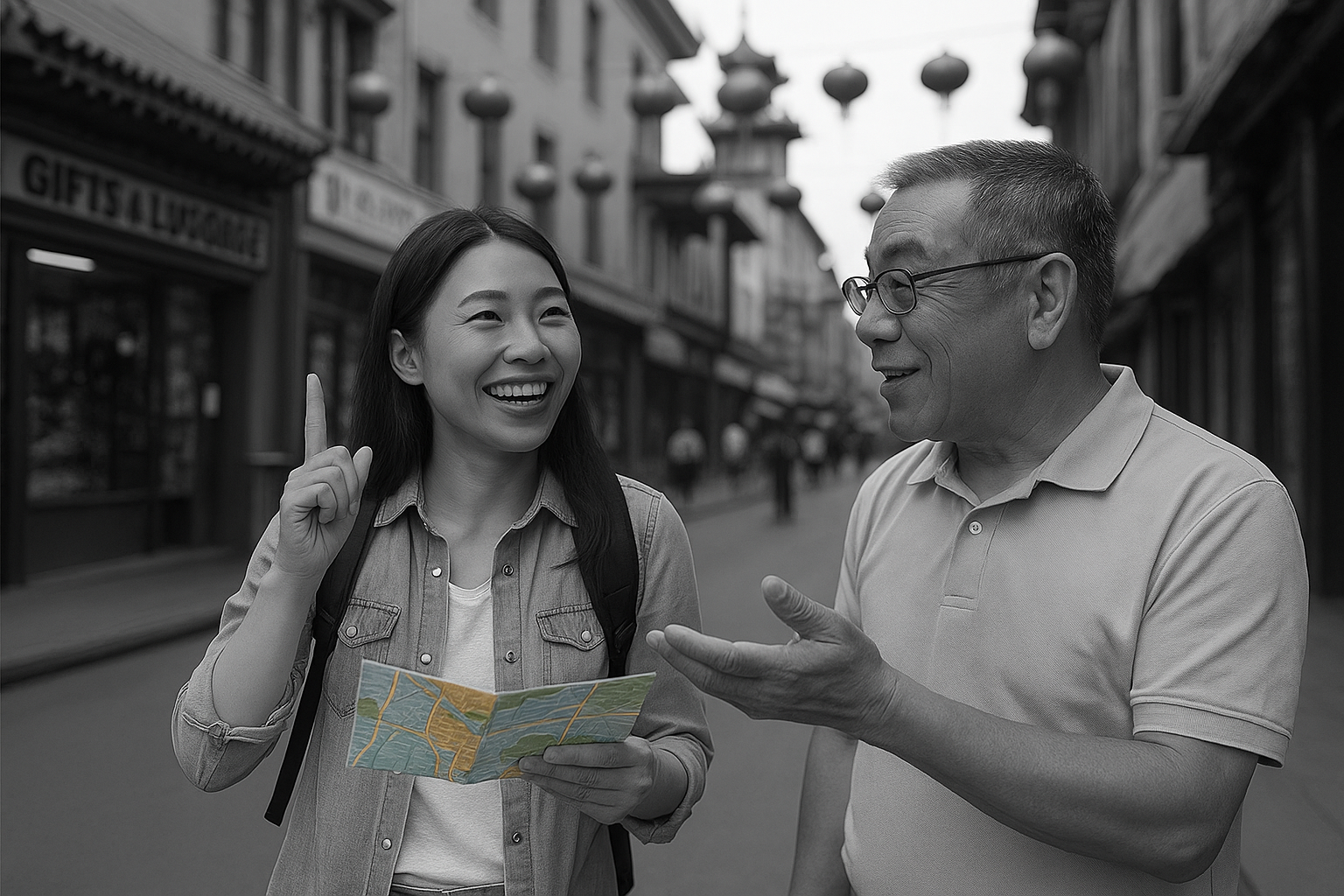 A black-and-white street photo showing a young East Asian woman and an older East Asian man happily conversing in Chinatown. The only color in the image is the bright, detailed map she holds — highlighting their discussion and sense of direction amid a muted urban backdrop with lanterns overhead.