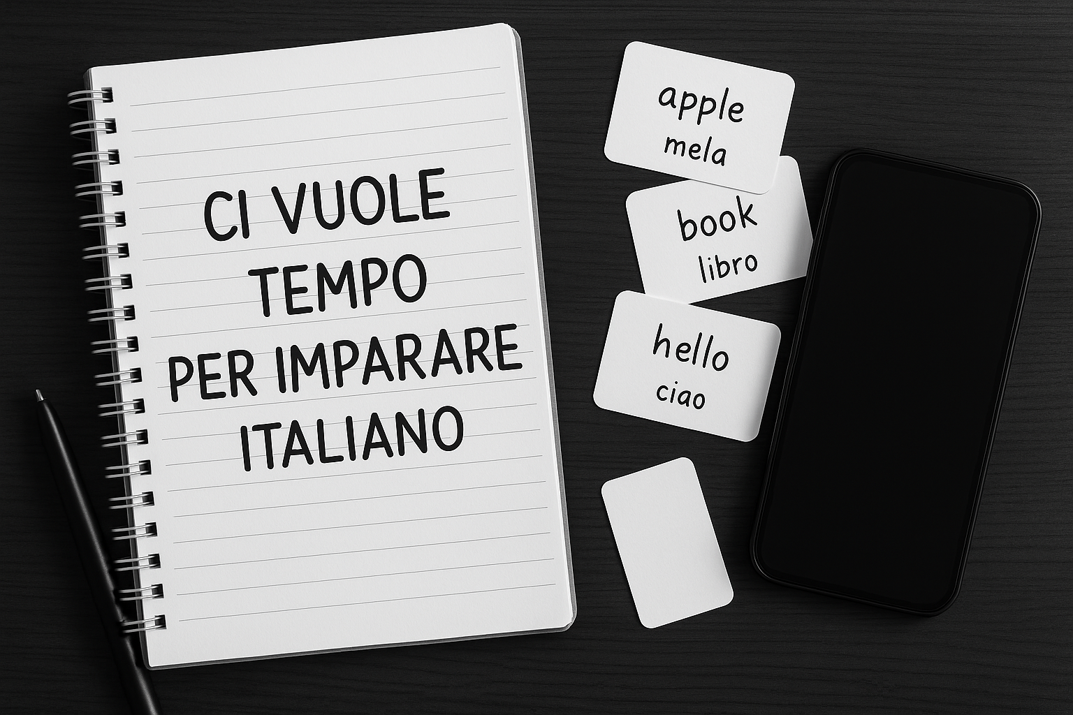 Czarno-białe zdjęcie przedstawia materiały do nauki języka włoskiego: mały notes z napisem „ci vuole tempo per imparare italiano”, telefon komórkowy oraz fiszki leżące obok na stole.