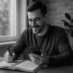 Black-and-white photograph of a young man sitting at a table, smiling while studying. He is writing in an open book with one hand and holding a smartphone in the other. A window and a potted plant are visible in the background, creating a calm and focused atmosphere.