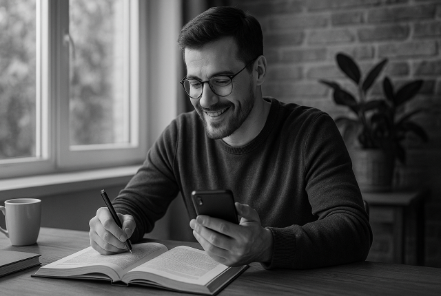 Black-and-white photograph of a young man sitting at a table, smiling while studying. He is writing in an open book with one hand and holding a smartphone in the other. A window and a potted plant are visible in the background, creating a calm and focused atmosphere.