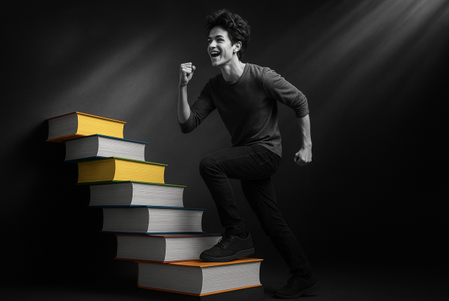 Black-and-white photograph of a young man smiling confidently while climbing a staircase made of colorful books. The books are the only elements in color, featuring vibrant reds, yellows, greens, and blues, set against a dark, dramatic background with a spotlight highlighting the scene.