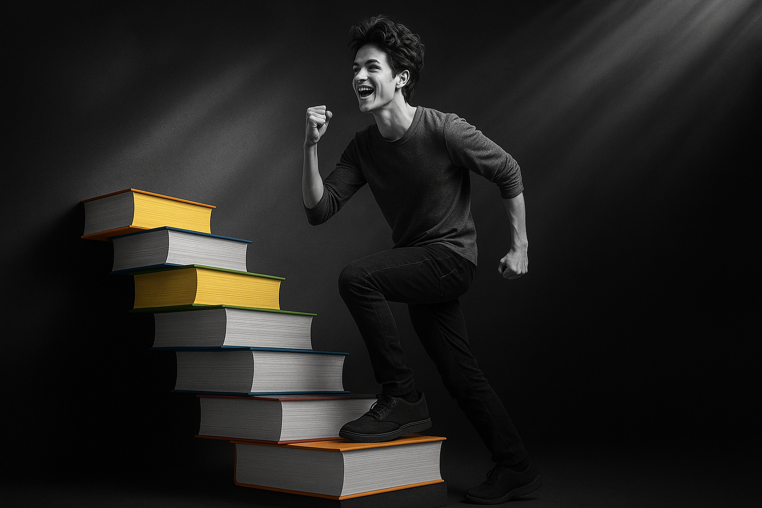 Black-and-white photograph of a young man smiling confidently while climbing a staircase made of colorful books. The books are the only elements in color, featuring vibrant reds, yellows, greens, and blues, set against a dark, dramatic background with a spotlight highlighting the scene.