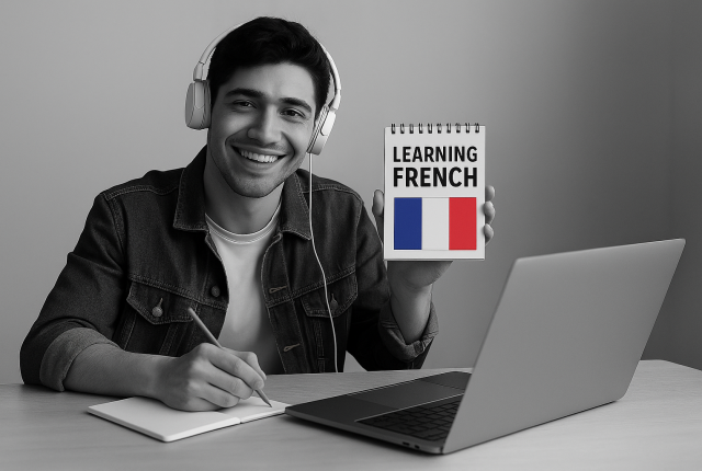 A young man studying French, smiling at the camera while wearing headphones, seated at a desk with a laptop and notepad. The black-and-white photo highlights a colorful French flag on the notepad.