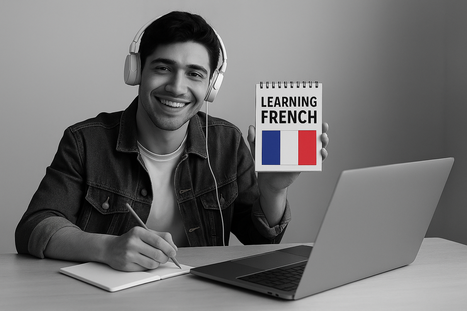 A young man studying French, smiling at the camera while wearing headphones, seated at a desk with a laptop and notepad. The black-and-white photo highlights a colorful French flag on the notepad.