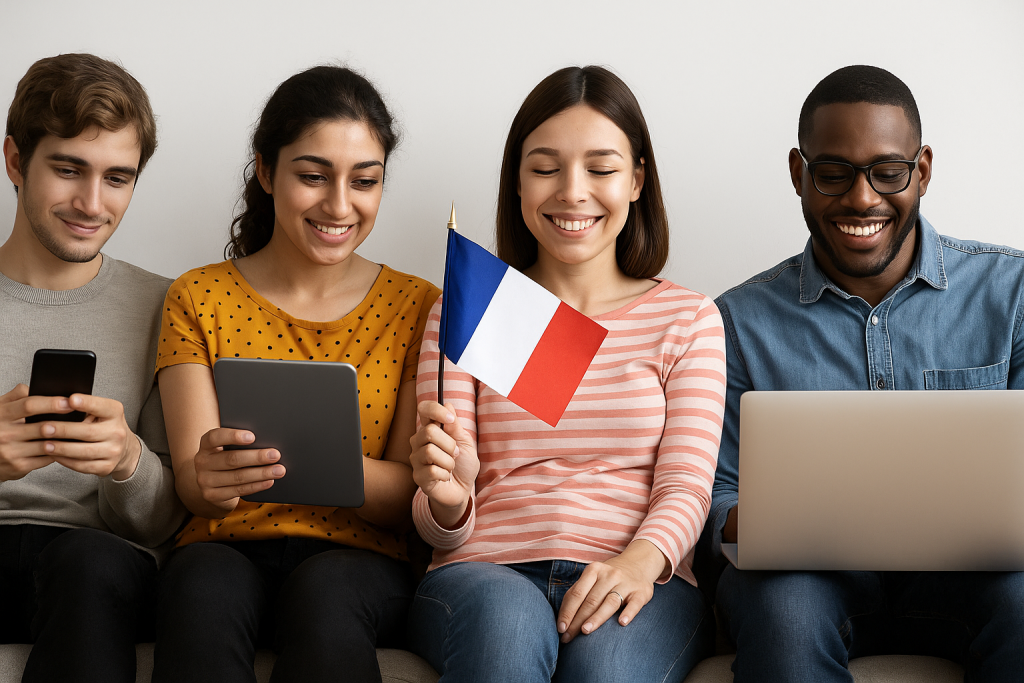 Four young adults sitting on a sofa, smiling and using electronic devices, with a young woman in the center holding a colorful French flag. The group appears engaged and happy, symbolizing collaborative French language learning.