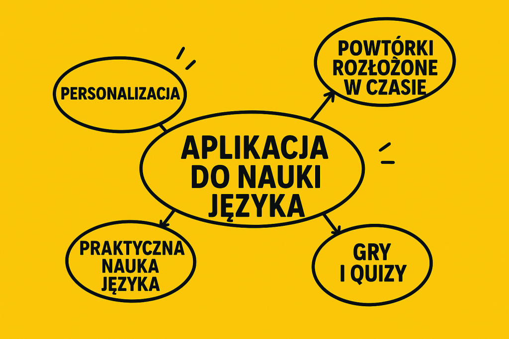 Infografika na jasnożółtym tle ilustrująca kluczowe cechy aplikacji do nauki języków: personalizację, powtarzanie w odstępach, ćwiczenia językowe z życia wzięte oraz gry i quizy, wszystkie połączone czarnymi liniami.