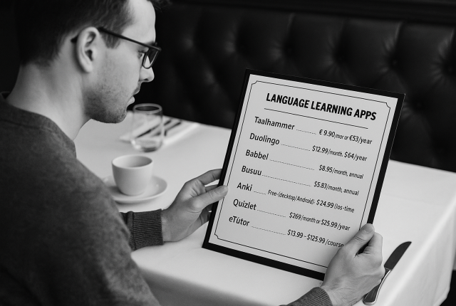 A black-and-white photograph of a person sitting at a restaurant table, examining a menu where instead of food items, language learning apps and their real prices are listed. The scene conveys a creative comparison between choosing meals and selecting affordable language apps.