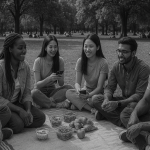 Seven young adults of diverse nationalities sit in a circle on a blanket in a park, sharing a variety of foods. Some are engaged in conversation, while others use their phones, suggesting multilingual communication through language learning app. Black and white, ultra-realistic photograph.