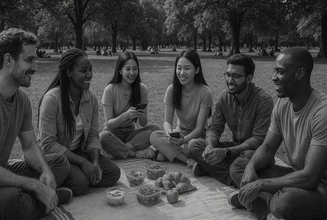 Seven young adults of diverse nationalities sit in a circle on a blanket in a park, sharing a variety of foods. Some are engaged in conversation, while others use their phones, suggesting multilingual communication through language learning app. Black and white, ultra-realistic photograph.