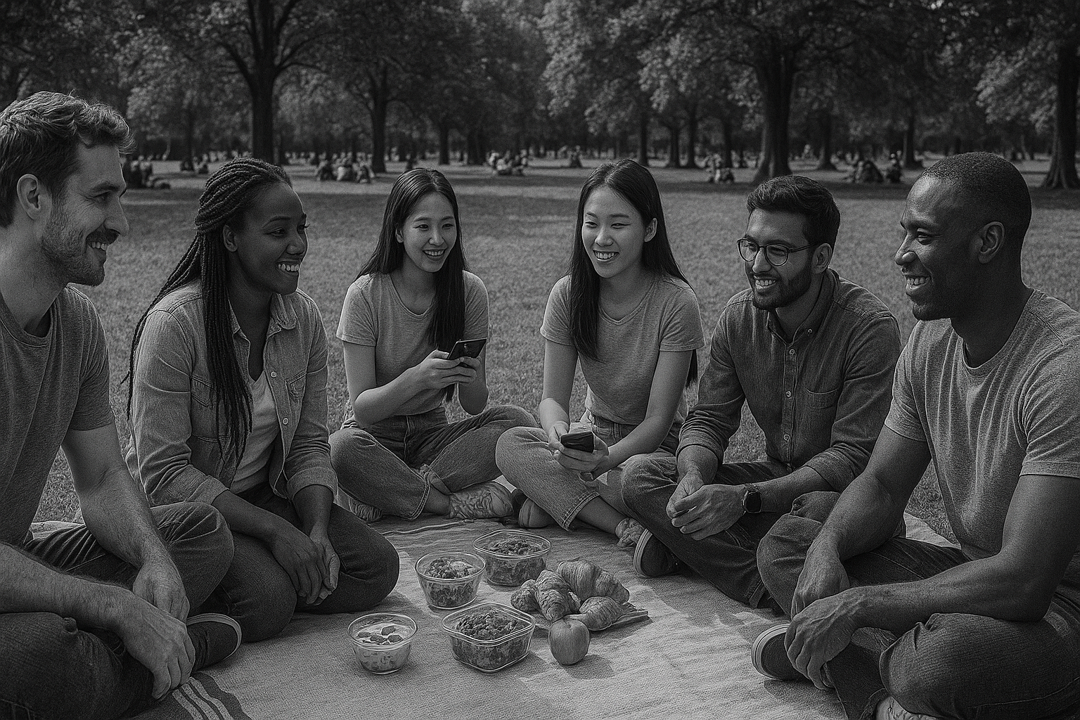 Seven young adults of diverse nationalities sit in a circle on a blanket in a park, sharing a variety of foods. Some are engaged in conversation, while others use their phones, suggesting multilingual communication through language learning app. Black and white, ultra-realistic photograph.