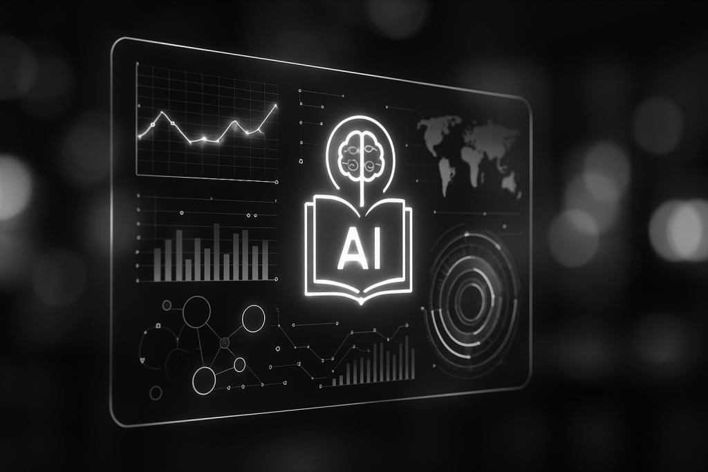 A black-and-white image of a futuristic holographic interface depicting artificial intelligence, graphs and data visualizations floating in a modern, fuzzy technological environment.
