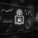 Black-and-white image of a futuristic holographic interface showing AI, charts, and data visuals, floating in a modern, blurred tech setting.