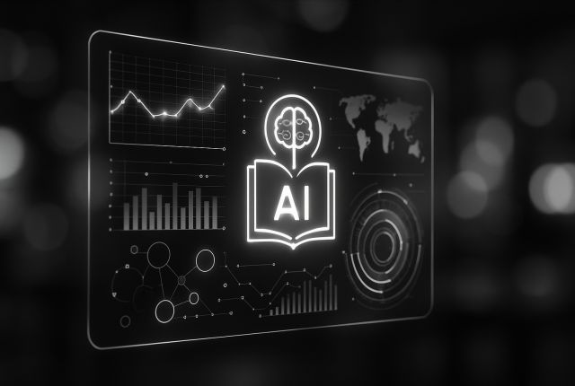 Black-and-white image of a futuristic holographic interface showing AI, charts, and data visuals, floating in a modern, blurred tech setting.