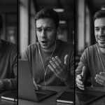A black and white triptych showing the same person at three stages of language learning: confused and hesitant with a blank notebook, partially confident while speaking and checking notes, and finally fluent and relaxed, speaking naturally without aids.