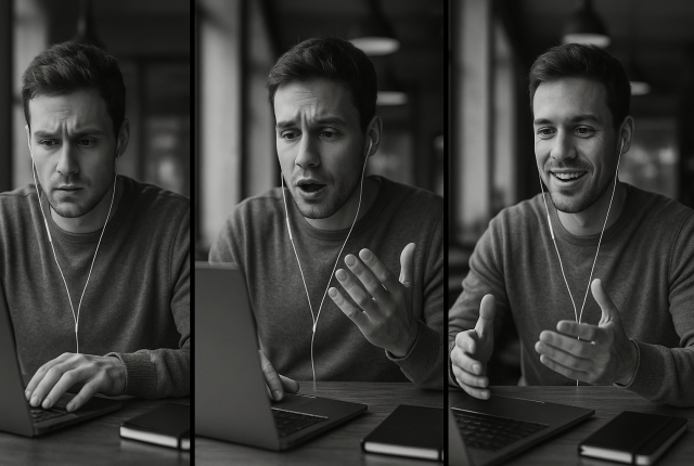 A black and white triptych showing the same person at three stages of language learning: confused and hesitant with a blank notebook, partially confident while speaking and checking notes, and finally fluent and relaxed, speaking naturally without aids.
