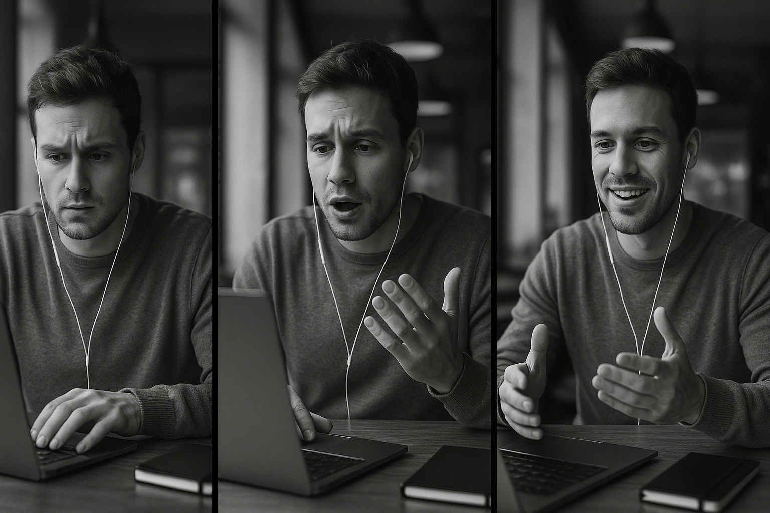 A black and white triptych showing the same person at three stages of language learning: confused and hesitant with a blank notebook, partially confident while speaking and checking notes, and finally fluent and relaxed, speaking naturally without aids.