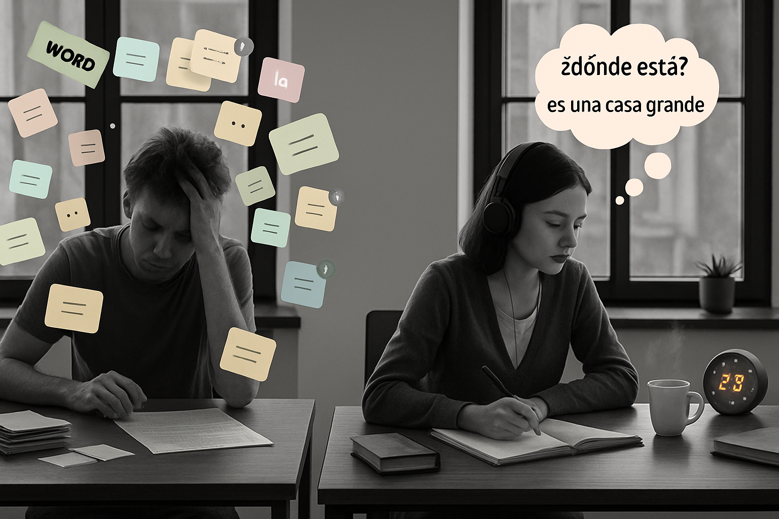 A black-and-white photo of two people studying at a wooden table. On the left, a frustrated man rests his head in his hand, surrounded by pastel-colored digital flashcards floating in the air. On the right, a focused woman wears headphones, writing in a notebook, with a thought bubble above her head containing Spanish text: "¿dónde está? es una casa grande." A steaming mug and digital clock sit on her desk.