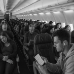 Black and white photo of airplane passengers — some sleeping, some reading, and others using a language learning app on their phones or tablets.