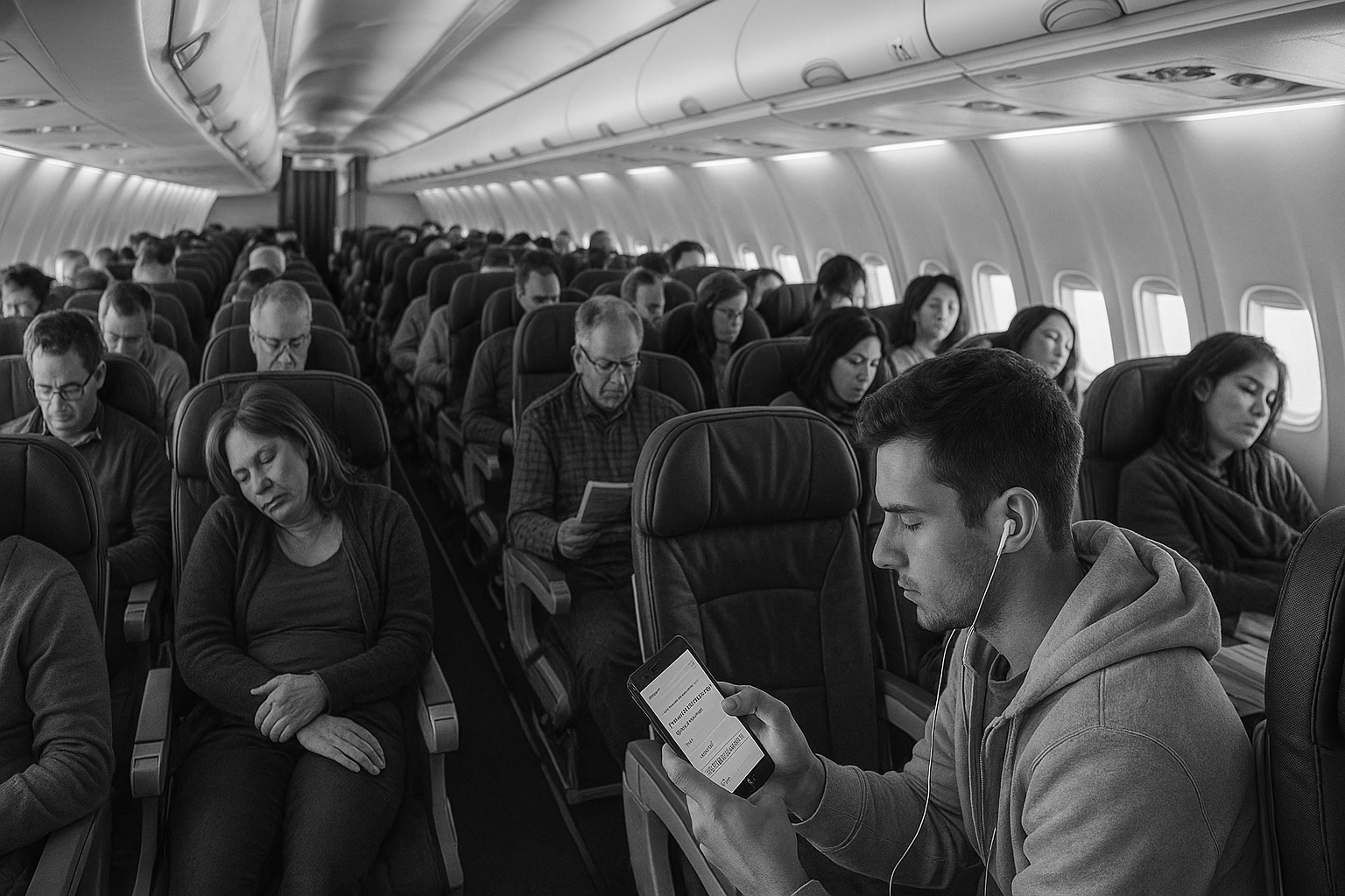 Black and white photo of airplane passengers — some sleeping, some reading, and others using a language learning app on their phones or tablets.