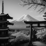 A black and white ultrarealistic photograph of a traditional Japanese street with wooden houses, paper lanterns, and a person in a kimono walking away from the camera. The scene captures a quiet, atmospheric moment evocative of historical Japan.