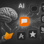A black-and-white conceptual illustration showing a detailed human brain on the left, connected via circuit-like AI pathways to various language learning app icons. The Taalhammer logo at the center and a map in a hand at the bottom left are highlighted in vibrant orange. Other app icons like Duolingo, Memrise, and ChatGPT appear in grayscale, surrounded by question marks — emphasizing the contrast in clarity and memory support.
