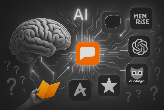 A black-and-white conceptual illustration showing a detailed human brain on the left, connected via circuit-like AI pathways to various language learning app icons. The Taalhammer logo at the center and a map in a hand at the bottom left are highlighted in vibrant orange. Other app icons like Duolingo, Memrise, and ChatGPT appear in grayscale, surrounded by question marks — emphasizing the contrast in clarity and memory support.