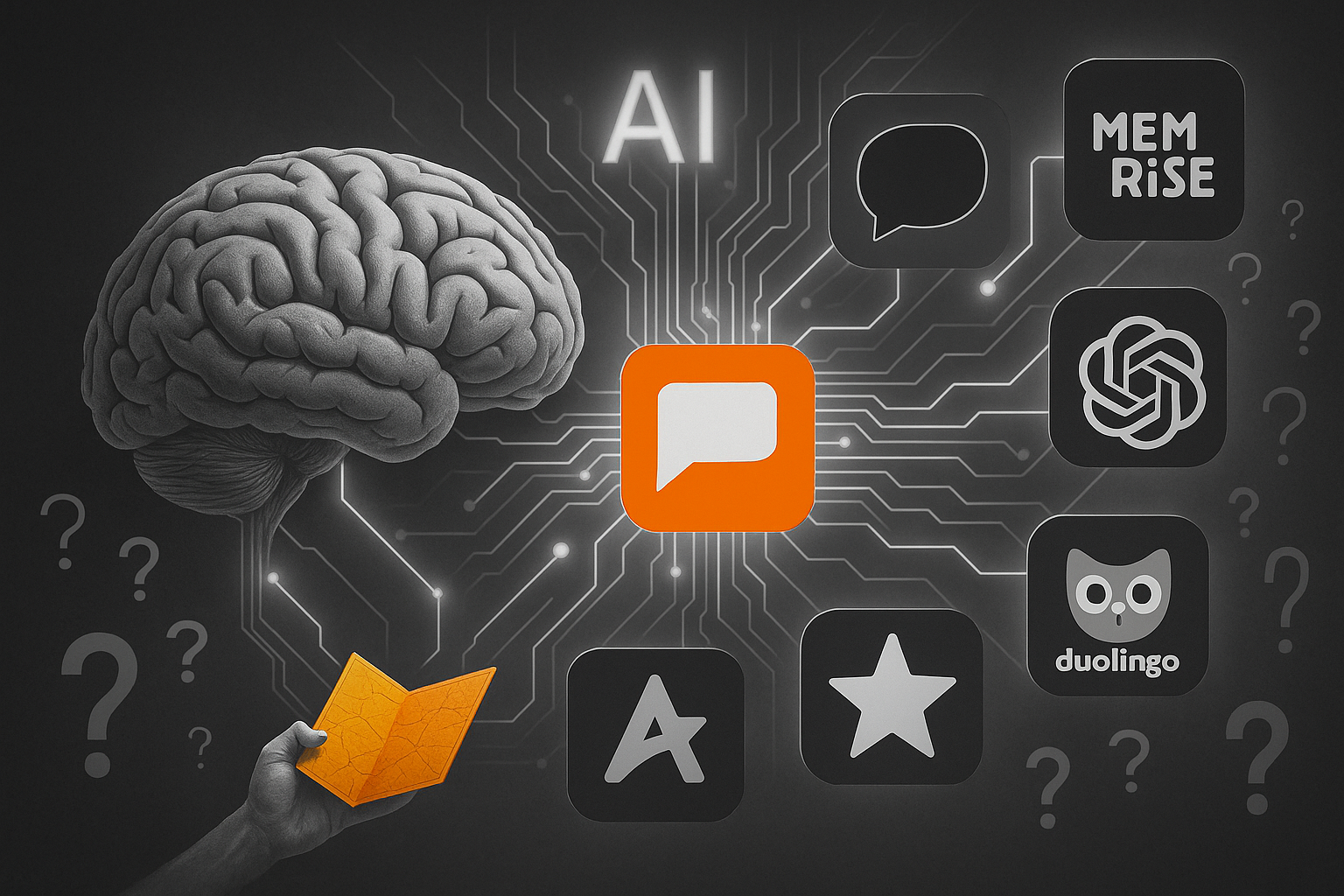 A black-and-white conceptual illustration showing a detailed human brain on the left, connected via circuit-like AI pathways to various language learning app icons. The Taalhammer logo at the center and a map in a hand at the bottom left are highlighted in vibrant orange. Other app icons like Duolingo, Memrise, and ChatGPT appear in grayscale, surrounded by question marks — emphasizing the contrast in clarity and memory support.