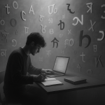 A surreal black-and-white image of a person learning a language at a floating desk in a vast, foggy library. Ghostly letters and symbols from different alphabets drift in the air around them, creating an atmosphere of deep concentration and mystery.