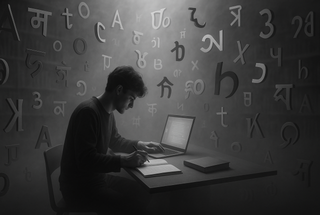 Surrealistyczny czarno-biały obraz osoby uczącej się języka przy pływającym biurku w rozległej, zamglonej bibliotece. Widmowe litery i symbole z różnych alfabetów dryfują w powietrzu wokół nich, tworząc atmosferę głębokiego skupienia i tajemniczości.